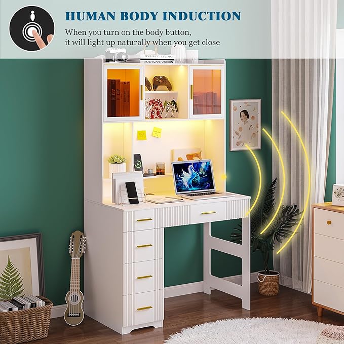 WOOVIVS LED Study Desk with Hutch and Drawer, Home Office Desk with Outlet, Computer Desk with Charging Station, Writing Desk for Bedroom, Workstation for Small Spaces (White)