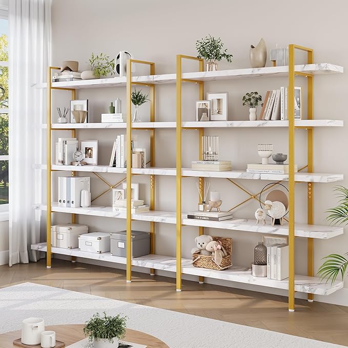 OtterOasis Heavy Duty 5-Tier Industrial Bookcase, 47" Wide Wood Bookshelf for Home Office, 120lbs Shelf Capacity, Shelving Display with Reinforced Horizontal Shelf for Living Room Bedroom,White