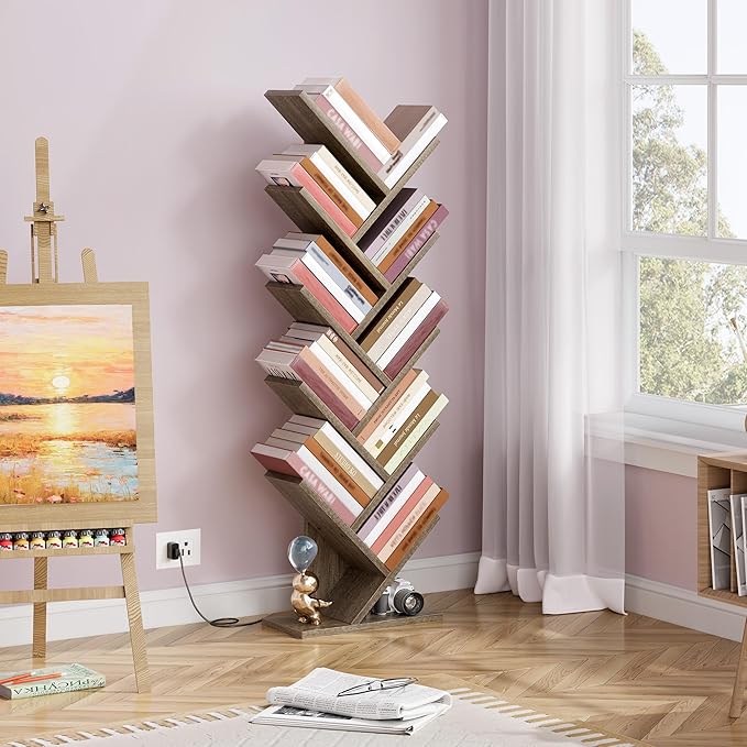 Hoctieon 10 Tier Tree Bookshelf, Tall Bookcase, Freestanding Book Shelf with LED Lights, Display Floor Standing Storage Shelf, Book Organizer Shelves for Home Office, Living Room, Greige