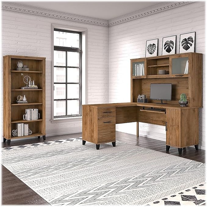 Bush Home Somerset 60W L Shaped Desk with Hutch and 5 Shelf Bookcase in Fresh Walnut