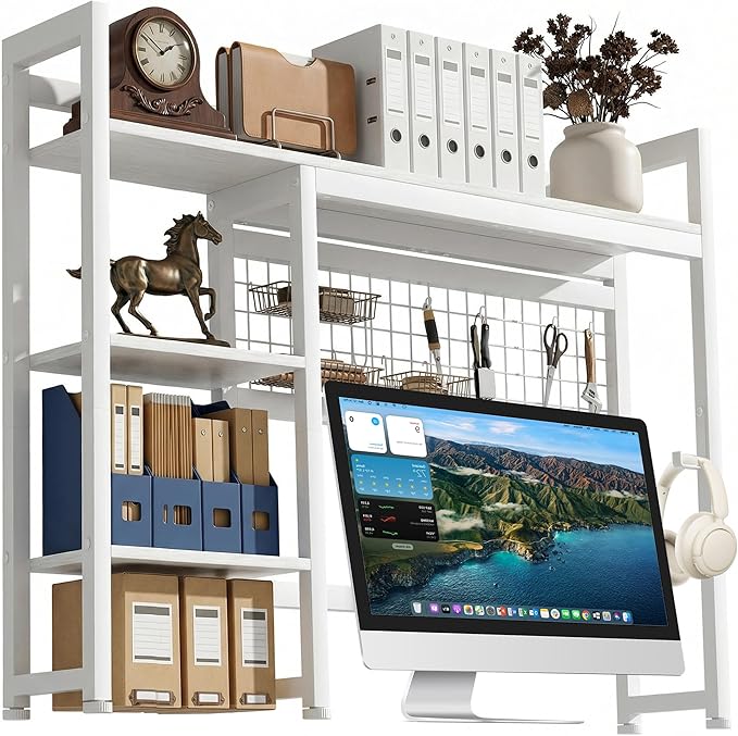 Desktop Shelf, 38.5'' Desktop Organizer Shelf for Computer Monitor, 4 Tier Hutch Storage Rack for Home Office Dorm, White