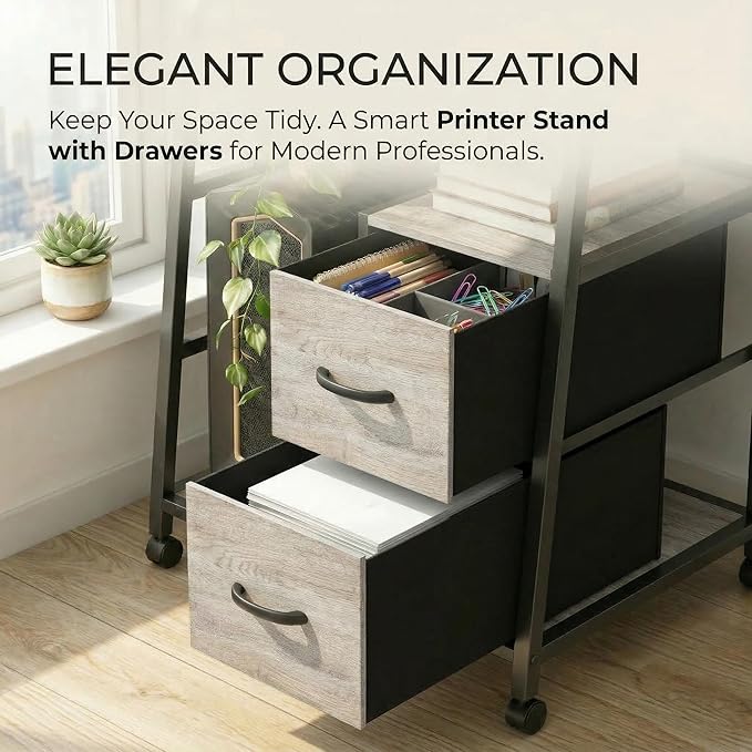 Printer Stand Featuring Fabric Drawers, Under Desk Host Computer Cabinet and Shredder Shelf, Heavy Duty Printer Stand with Storage Workstation Organization Printer Table for Home Office