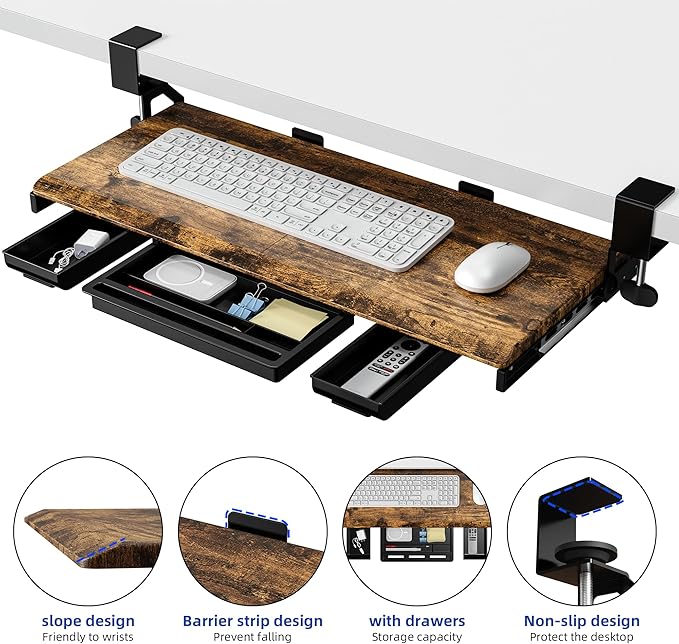 ETHU Keyboard Tray Under Desk, Pull Out Keyboard & Mouse Tray with C-clamp, Ergonomic Desk Keyboard Tray Slide Out, Pull Out Platform Drawer for Home and Office(Wood)