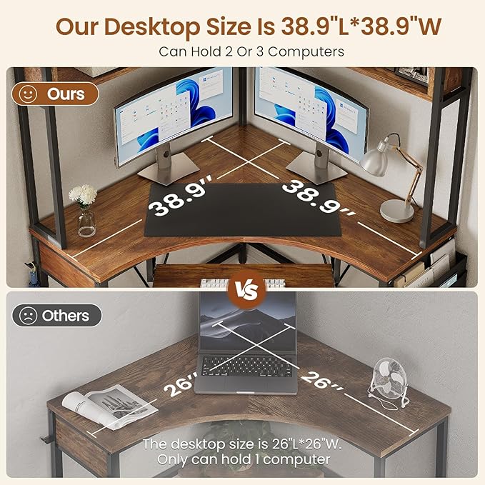 SEDETA Corner Desk, Small Computer Desk with Hutch & LED Lights, Triangle Corner Computer Desk with Keyboard Tray, Storage Bag, and Headphone Hook for Small Space, Home Office Desk, Rustic Brown