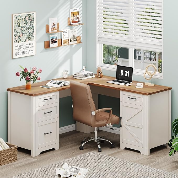 Vabches 59” L Shaped Executive Desk with Power Outlets, Farmhouse Home Office Desk with File Drawer,Storage Cabinet, Wood Corner Sturdy Writing Workstation.White