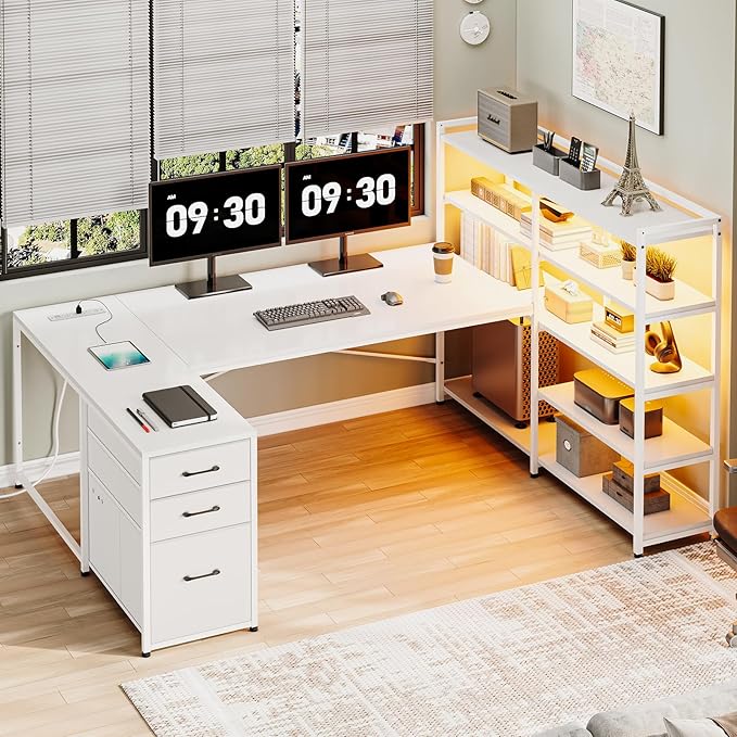 SEDETA L Shaped Office Desk with Drawers, 64.5" Reversible Computer Desk with Storage Shelves and Power Outlet, Corner Gaming Desk with LED Strip for Home Office, White