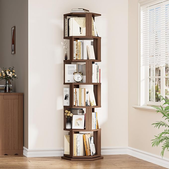 BACEKOLL Rotating Bookshelf Tower, 6 Tier Spinning Book Shelf, Wood Round Revolving Bookcase, Narrow Rolling Bookshelves, Vertical Book Storage for Corner Small Spaces, Bedroom, Living Room,Walnut