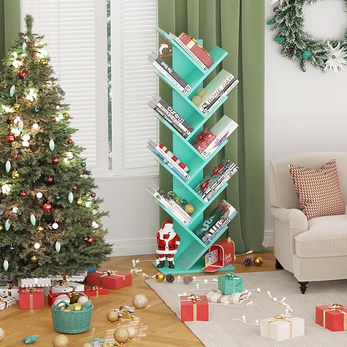 SHEEPAM 10 Tier Tree Book Shelf, Floor Standing Wood Bookshelf for Narrow Space, Storage Organizer Bookshelves for Books/CDs/Magazine, Bookcase with Shelves for Home Office, Living Room - Green