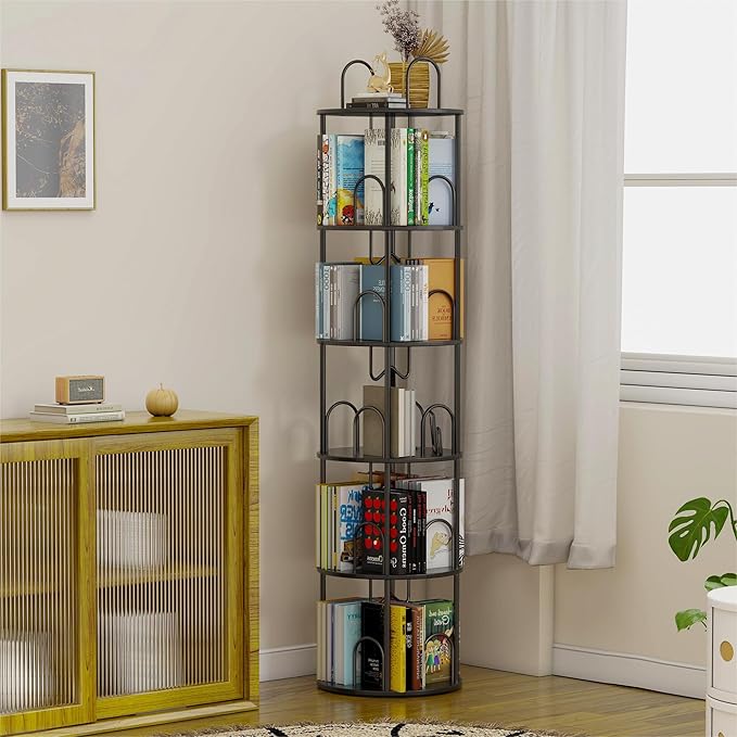 5 Tier Rotating Bookshelf, 360° Spinning Bookshelf Tower, Narrow Corner Book Shelf, Revolving Bookcase Corner Tall Book Shelf for Small Spaces, Bedroom, Living Room, Black
