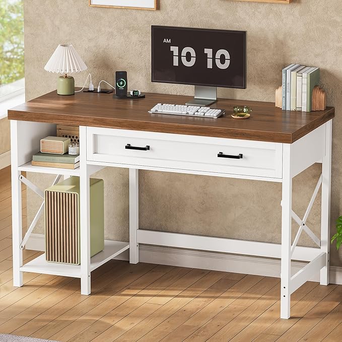 SEDETA Farmhouse Small Desk with Drawers, 40" Computer Desk with Storage Shelves, White Writing Desk for Small Space and Power Outlet, Desk for Bedroom, Home Office