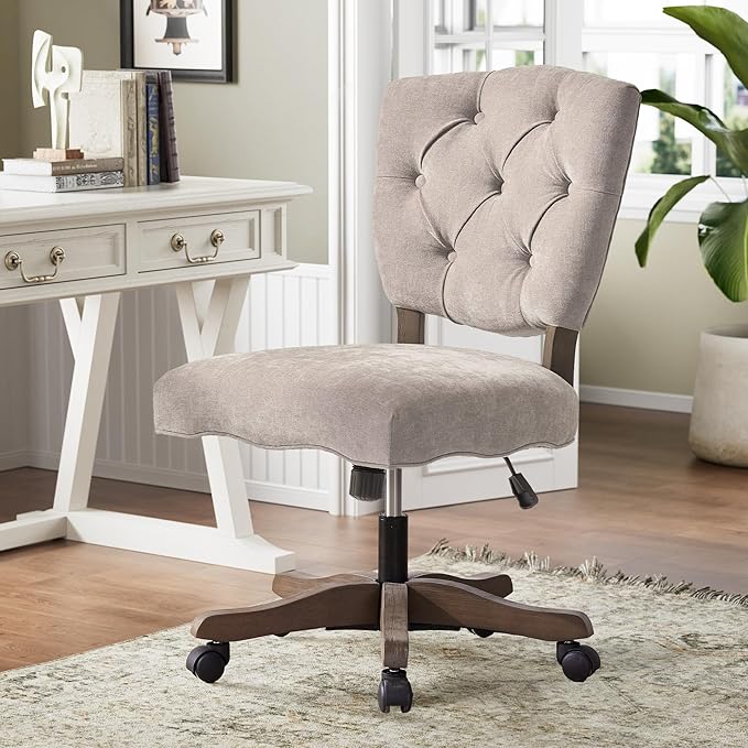 HUIMO Upholstered Swivel Desk Chair Chenille Tufted Fabric Home Office Chair with Wheels Adjustable Height Classic Task Chair with Wooden Legs Comfortable Armless Chair for Studio Study (Brown)