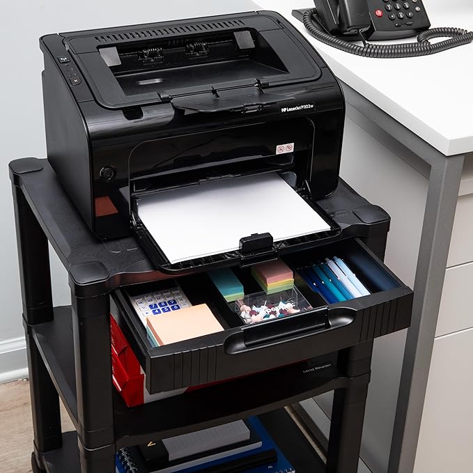 Mind Reader Compact Rolling Printer Cart, Utility Stand with Wheels and Drawer, Space Saving Printer Stand for Home Office, Adjustable 2 or 3 Tier, Black