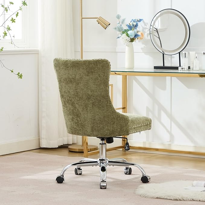 Goujxcy Desk Chair, Modern Chenille Upholstered Tufted Button Home Office Chair, 360° Swivel Armless Desk Chairs, 120°Rocking Ergonomic Computer Task Vanity Chairs, Green
