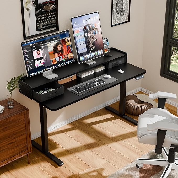 YESHOMY 55" x 23" Electric Standing Desk with 2 Drawers, Height Adjustable Computer Desk, Low Noise Home Office Stand Up Desk with 2 Preset Heights & 2 Hooks, Black