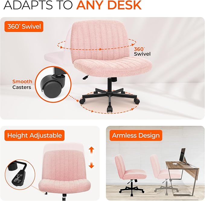 Orange Factory Criss Cross Chair Wheels Wide Cross Legged Office Desk Vanity Chair Comfy Fabric Armless Adjustable Swivel for Home Computer Task (Pink Wheel, Fabric)