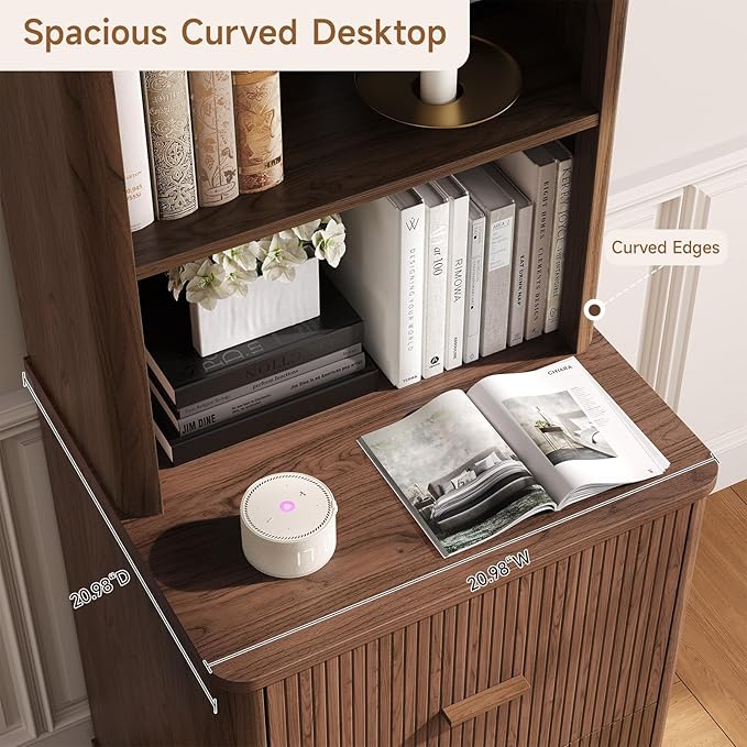 ONBRILL 71" Tall Fluted Bookcase with 2 File Drawers, Curved Design Display Bookshelf with Storage, Mid-Century Modern 3 Tier Bookcase with Sturdy Pedestal for Home Office, Living Room, Walnut