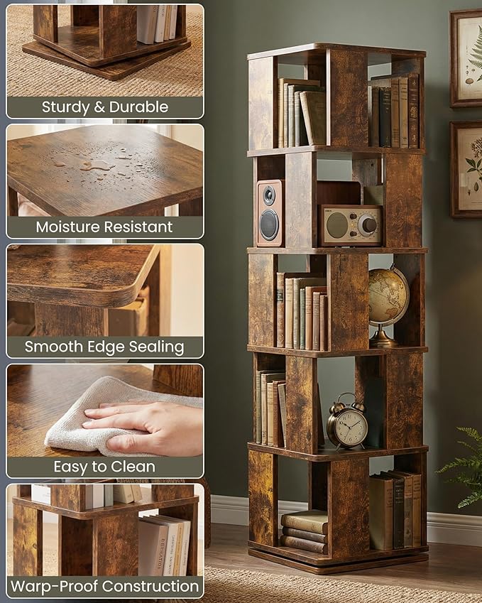 Foxemart 5-Tier Rotating Bookshelf Tower, 360° Spinning Modern Book Storage Bookcase, Stable Display Corner Book Shelf for Kids Room, Living Room, Bedroom, Home Office, Rustic Brown