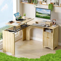 Bestier L Shaped Desk with Lift Desktop, 55 inch Corner Desk with Fluted Panel Deisgn Drawers, Modern Office Desk with File Drawer (Natual Oak, 55'' x 55'' Lift Top)