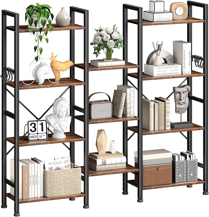 Furologee Triple 4 Tier Bookshelf, Bookcase with 11 Open Display Shelves, Wood and Metal Shelf Storage Organizer,Industrial Wide Shelving Unit for Living Room,Home Office,Rustic Brown