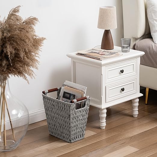 GRANNY SAYS Woven Wicker Desk Wastebasket with Wood Handles – Gray (1-Pack)