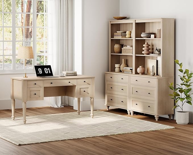 WAMPAT Home Office Furniture Set, 56'' Executive Desk with Charging Station, 72" Tall Bookcase with 6 Drawers, Wood Computer Desk with File Cabinet Storage, Open Shelf, Light Oak