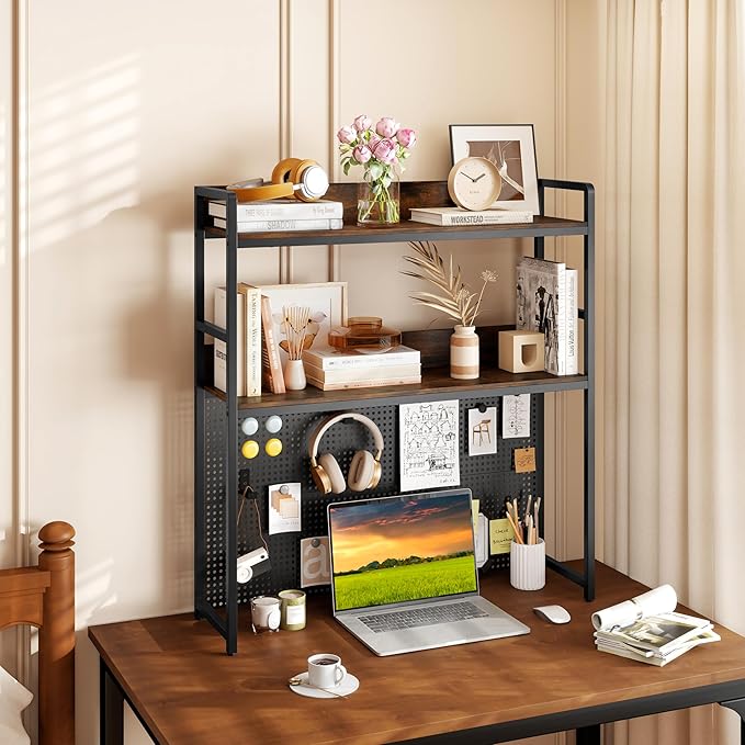 Giantex Desktop Bookshelf, 2-Tier Desk Hutch Dorm with Pegboard for up to 32" Computer Monitor, Industrial Countertop Storage Organizer Rack, Desk Shelf for Home Office, Rustic Brown