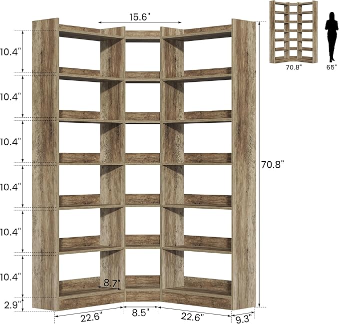 Semoic 70.8" Tall Corner Bookshelf, 7 Tiers Large Etagere Bookcases with Baffles, L-Shaped Modern Storage Display Rack Industrial Bookshelves for Bedroom, Home Office, Living Room & Kitchen, Brown