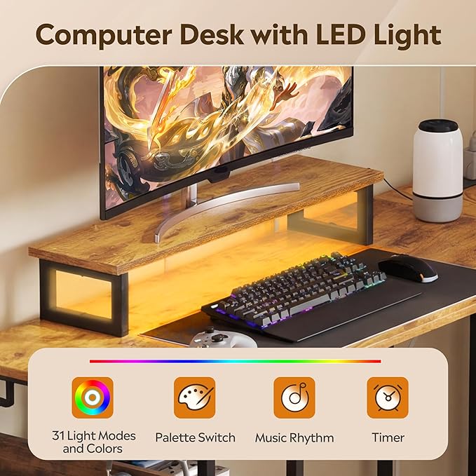 DEVAISE L Shaped Desk with Drawers and Storage, L Shaped Office Desk with Power Outlets, CPU Stand, Monitor Stand, Gaming Table with LED, Corner Desk for Home Office (Rustic Brown, 55 * 46 Inch)