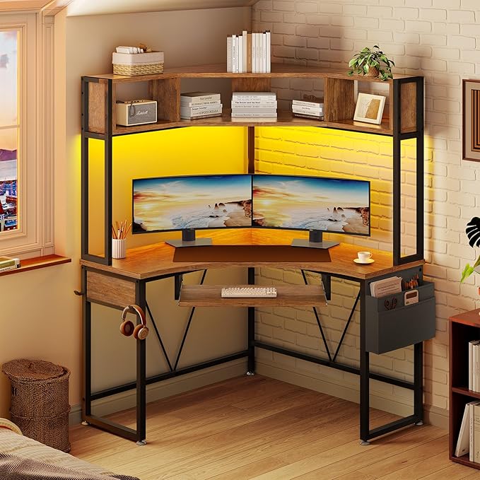 SEDETA Corner Desk, Small Computer Desk with Hutch & LED Lights, Triangle Corner Computer Desk with Keyboard Tray, Storage Bag, and Headphone Hook for Small Space, Home Office Desk, Rustic Brown
