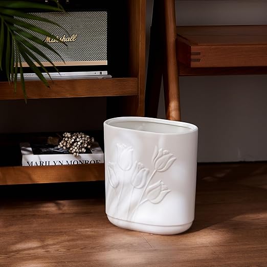 White Ceramic Tulips Small Bathroom Trash Can 2.6 Gal (10 Liter) - Heavy & Decorative Garbage Bin for Bathroom, Kitchen, Office, Bedroom & Living Room Corner