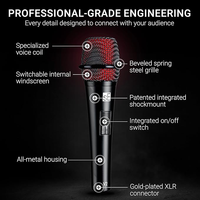 SE ELECTRONICS V2 Switch Dynamic Microphone for Singing, Speech, Instruments & Studio Recording - Supercardioid XLR Handheld Vocal Microphone with an On/Off Switch & Rugged All-Metal Housing