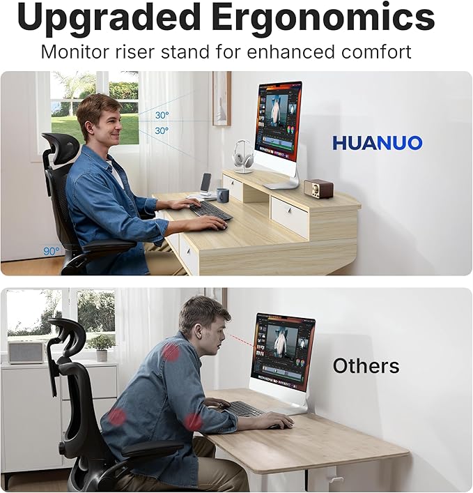 HUANUO 48 x 24 inch Electric Standing Desk with 4 Drawers, Adjustable Height Sit Stand Home Office Desk, C-Clamp Mount Compatible, Ergonomic Stand up Desk with 4 Preset Heights, Natural