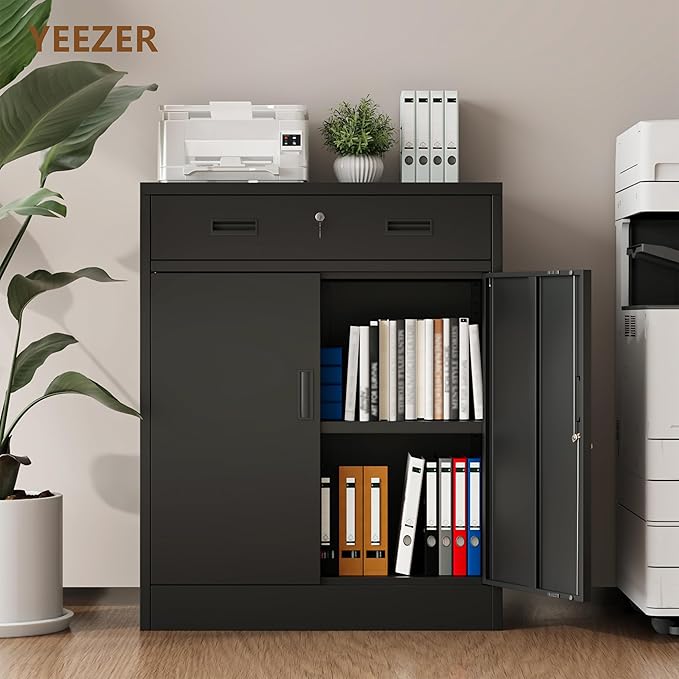 Metal Storage Cabinet with 1 Drawer, 36" H Locking Storage Cabinet, Metal Cabinets with Doors and Shelves for Home, School, Office, Garage, Black
