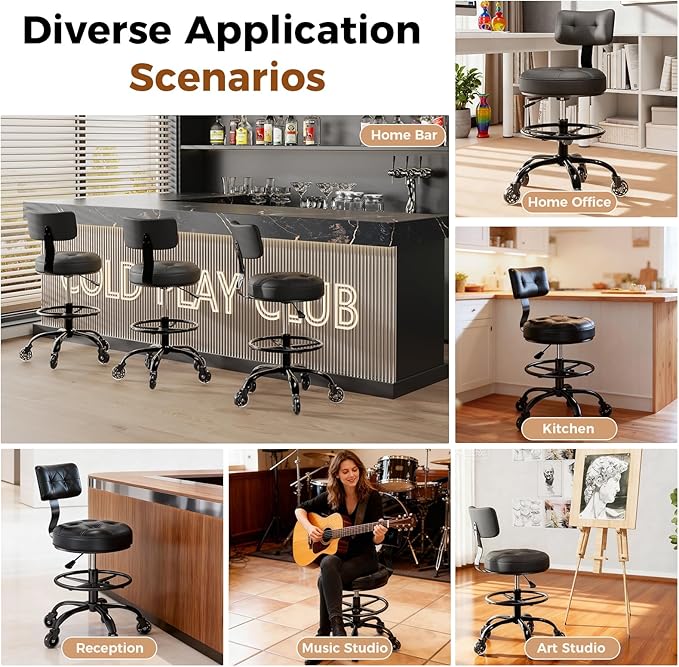 Office Drafting Chair with Footrest, Tall Height Adjustable Stool with Back Support, Heavy Duty Rolling Stool Chair with Wheels for Office Home Kitchen Bar Shop Guitar Studio Medical Vanity(Black)