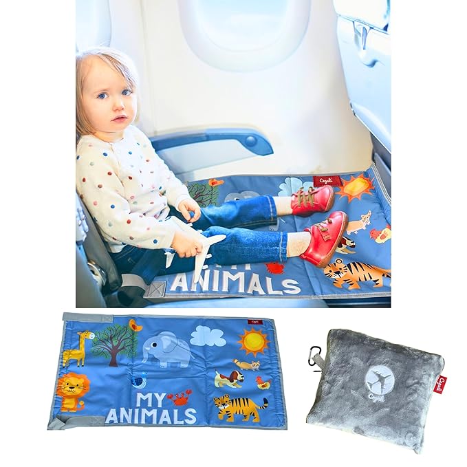 Cegali Airplane Seat Extender for Kids ANM: Enhance Your Child's in-Flight Comfort. Travel Toddler Bed, Leg Rest, Foot Hammock, All in One (My Animals - Cool Grey)