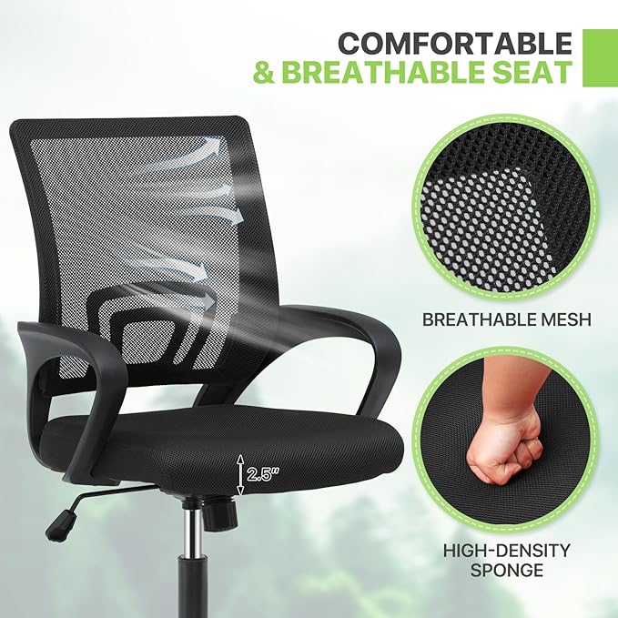 Magshion Office Chair Pack of 2, Ergonomic Mid-Back Mesh Desk Chair, Rolling Computer Chair with Lumbar Support & Comfy Armrests for for Gaming, Work, Study, 300 Lbs Capacity, Black