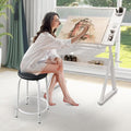 Drafting Table Desk w/Stool, Painting Table Art Craft Desk Crafting Table with Tilting Tempered Glass Top, 2 Storage Drawers, Upgraded Hand Crank Height Adjustable (White)