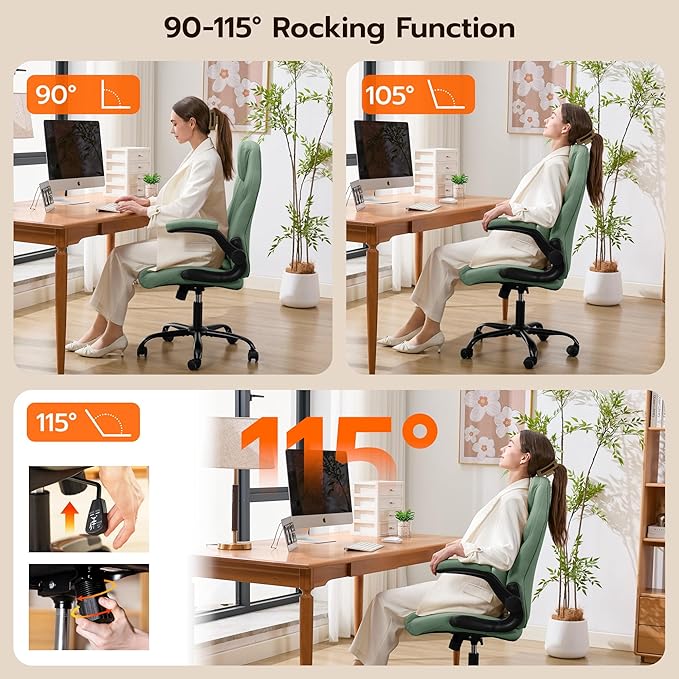 Office Desk Chair, Ergonomic Computer Chair with Padded Flip-Up Arms and Adjustable Lumbar Support, PU Leather Executive Chair with Tilt Lock and 360° Swivel Rolling Wheels for Work, Study