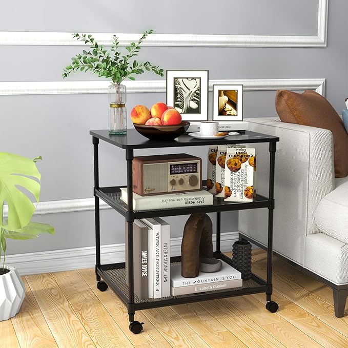 Giantex Printer Stand, 3-Tier Industrial Printer Cart with Lockable Wheels, Adjustable Shelves, Metal Frame, Mobile Under Desk Shelf for Home Office, Printer Table Fit Fax Machine, Scanner (Black)