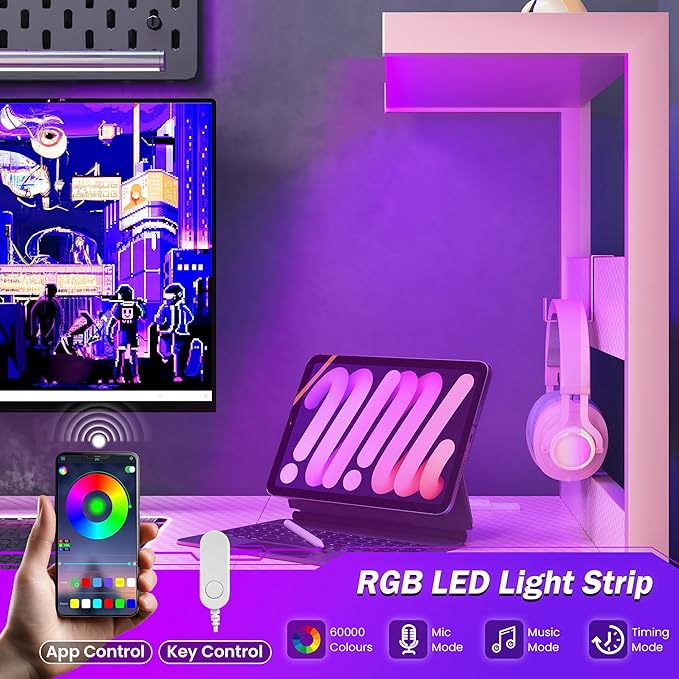 YOUDENOVA 48 Inch Gaming Computer Desk with Led Lights, Small Desk with Storage Shelves and Drawers, Reversible Compact Gamer Table for Home Office, Carbon Fiber Pink