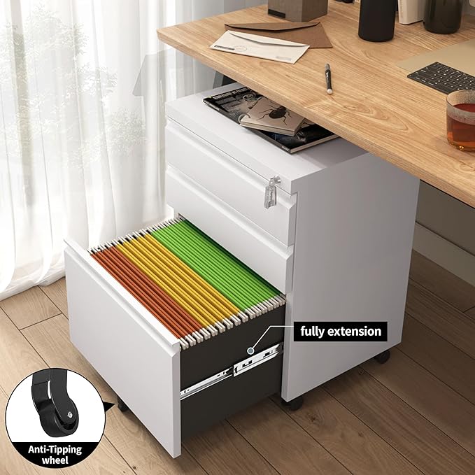 Approgreent Mobile File Cabinet for Home Office, Lockable 3 Drawer Filing Cabinet with Wheels for A4-Size/Letter-Size/Legal-Size, Fully Assembled Except Casters, White