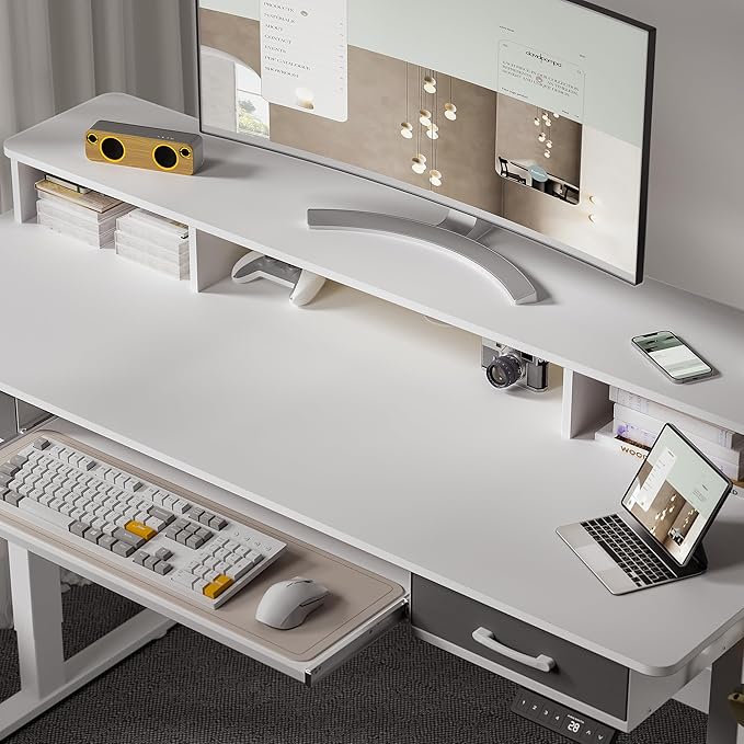 WALKINGDESK 63 Inches Electric Standing Desk with Keyboard Tray, Height Adjustable Sit to Stand Table with 2 Drawers, Ergonomic Home Office Desk with Storage Shelf, Computer Table, White