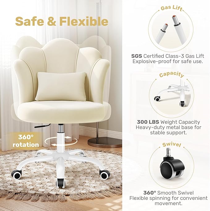 BestGlory Petal Vanity Chair with Wheels, 3.15" Extra Thick Comfy Makeup Chair, Adjustable Modern Swivel Armless Desk Chair for Girls Women, Aesthetic Small Office Chair for Bedroom Dorm