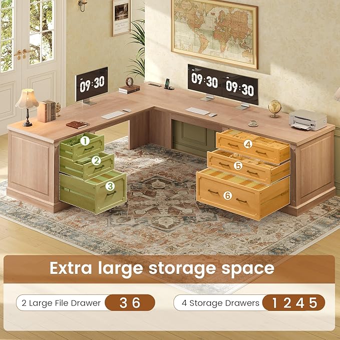SEDETA Farmhouse 78.7" Executive L Shaped Desk with 6 Drawers, Home Office Desk with Power Outlet, File Cabinet Storage, Wood Corner Computer Desk for Work and Study, Oak