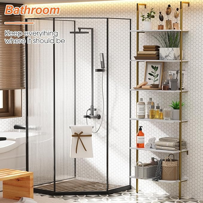 Wolawu Ladder Shelf 6 Tiers Marble White Modern Bookshelf Open Tall Wall Mount Bookcase Standing Leaning Wall Shelves Industrial Decorative Living Room Bed Room