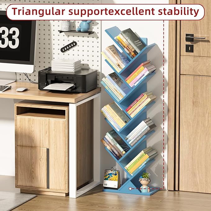 SHEEPAM 10 Tier Tree Book Shelf, Floor Standing Wood Bookshelf for Narrow Space, Storage Organizer Bookshelves for Books/CDs/Magazine, Bookcase with Shelves for Home Office, Living Room - Pure Blue