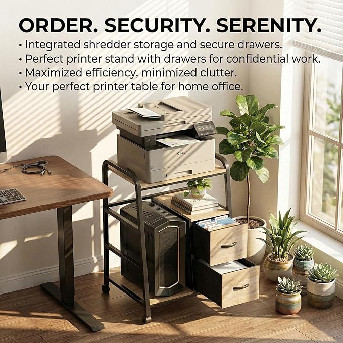 Printer Stand Featuring Fabric Drawers, Under Desk Host Computer Cabinet and Shredder Shelf, Heavy Duty Printer Stand with Storage Workstation Organization Printer Table for Home Office