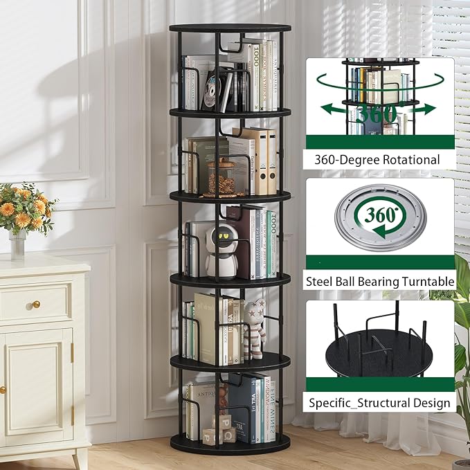 5Tier Rotating Bookshelf, Spinning Bookshelf Tower,360 ° Display Space Saving Standing Round Swivel Bookcase Corner Storage Organizer for Bedroom Living Room Office，Black