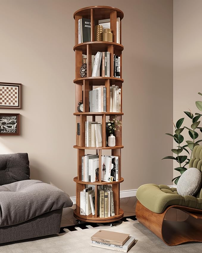 IUNVR Rotating Bookshelf, 6 Tier Solid Wood Bookshelf Tower with Lockable Wheels, 360° Spinning Revolving Bookcase for Small Spaces, Corners, Bedroom, Kids Room, Home Office, Walnut