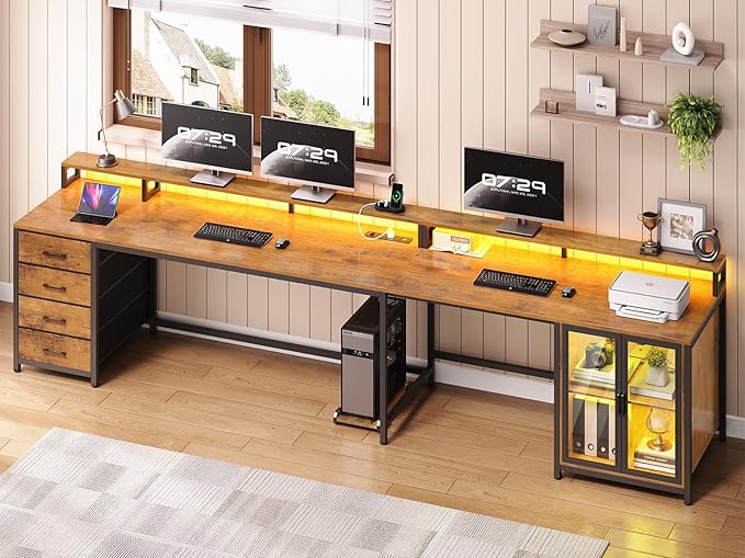 SEDETA L Shaped Gaming Desk with 4 Drawers, 109” Computer Desk with Display Cabinet, Home Office Desks with 2 Monitor Stands, CPU Stand, LED Lights and Power Outlet, Rustic Brown